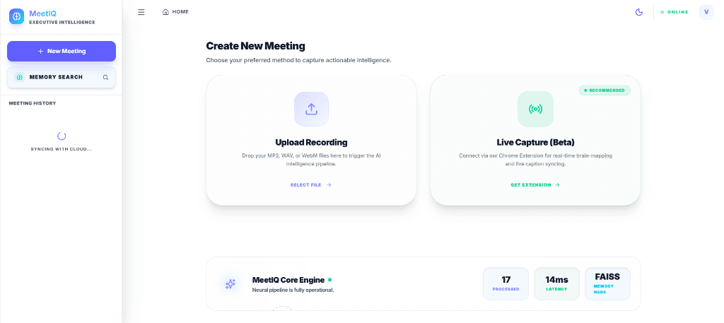 MeetIQ — AI Meeting Intelligence & RAG Memory System Screenshot 2