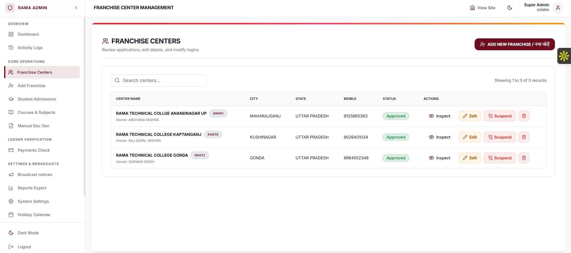 Rama Technical College — Student & Franchise Management SaaS Screenshot 3